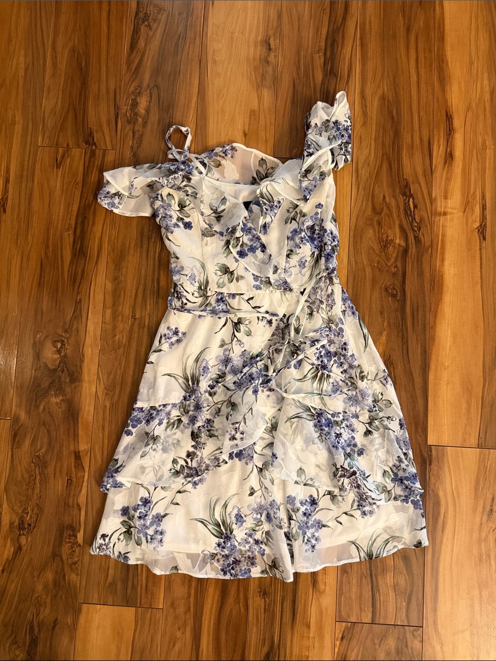 BCX White Floral One-Shoulder Ruffle Dress with Lavender Blooms